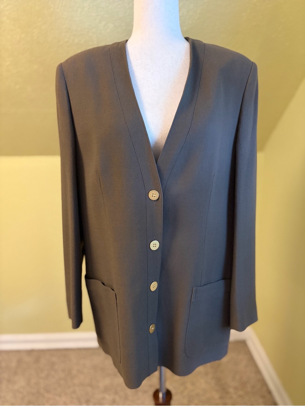 VTG 80’s Jaeger Longline Collarless Wool Cupro Blazer Academia UK Preppy Ivy